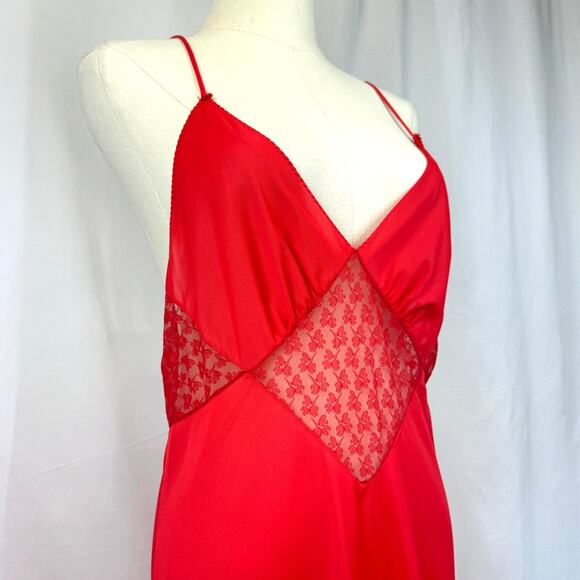 Vintage Stardust Cherry Red Long Maxi Slip Dress Gown Sheer Lace Mesh Low Back M - Picture 5 of 11